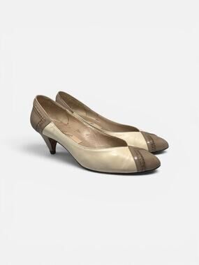 Amalfi Italian Leather Cream and Tan Pumps with Snakeskin Design Size 6.5